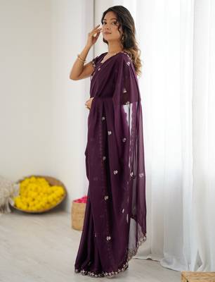 wine georgette saree with embroidery & moti work and unstitched blouse festive saree 4