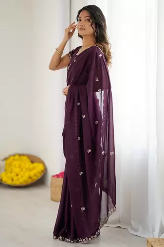 wine georgette saree with embroidery & moti work and unstitched blouse festive saree