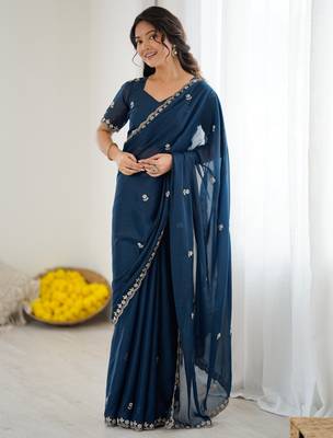 blue georgette saree with embroidery & moti work and unstitched blouse festive saree 1