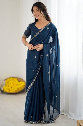 blue georgette saree with embroidery & moti work and unstitched blouse – traditional festive saree