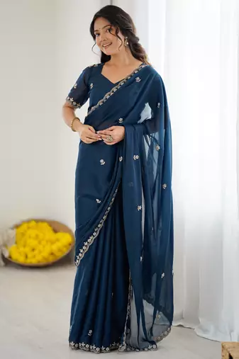 blue georgette saree with embroidery & moti work and unstitched blouse     traditional festive saree