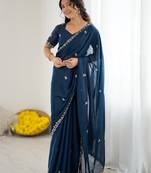 blue georgette saree with embroidery & moti work and unstitched blouse   traditional festive saree