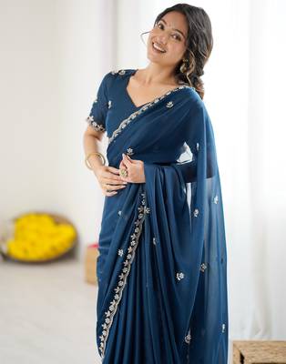 blue georgette saree with embroidery & moti work and unstitched blouse festive saree 2