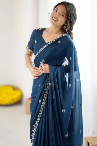 blue georgette saree with embroidery & moti work and unstitched blouse festive saree
