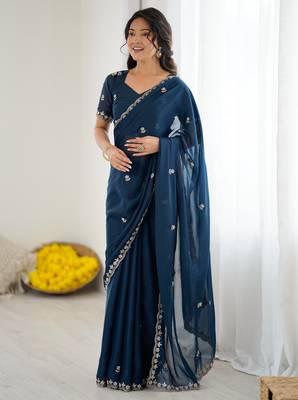 blue georgette saree with embroidery & moti work and unstitched blouse festive saree 3