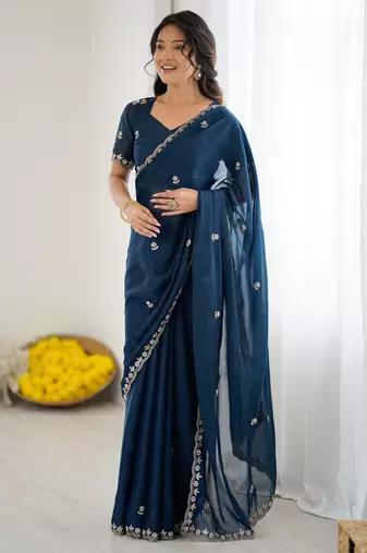 blue georgette saree with embroidery & moti work and unstitched blouse festive saree