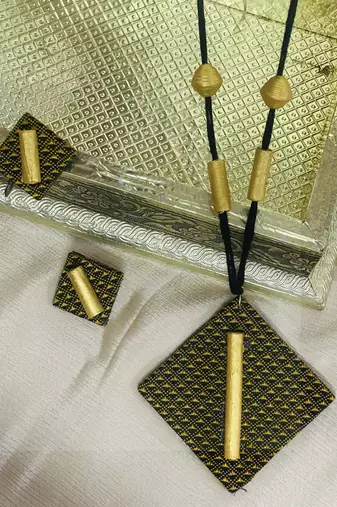 Golden handloom fabric long necklace