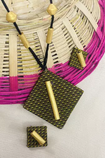 Golden handloom fabric long necklace