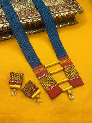 Teal blue handloom fabric long necklace 2
