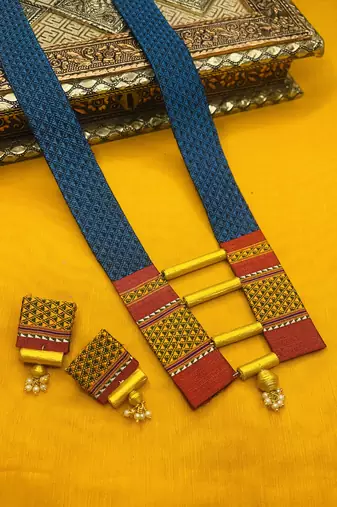 Teal blue handloom fabric long necklace