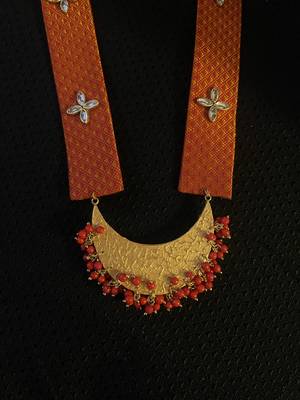 Orange handloom fabric long necklace set 2