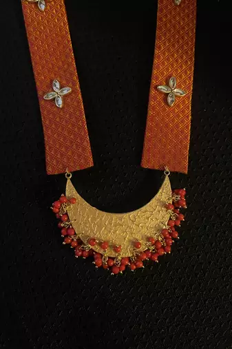 Orange handloom fabric long necklace set