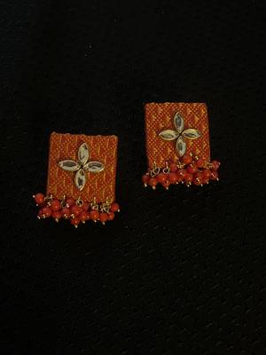 Orange handloom fabric long necklace set 3