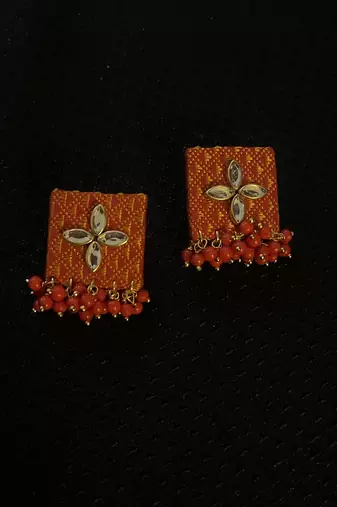 Orange handloom fabric long necklace set