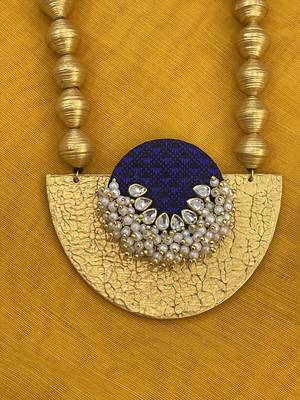 Royal blue pearl and wooden beaded long necklace 2