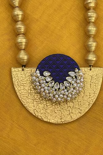 Royal blue pearl and wooden beaded long necklace