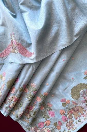 Sky pure loom tussar with all over forest style hand embroidery