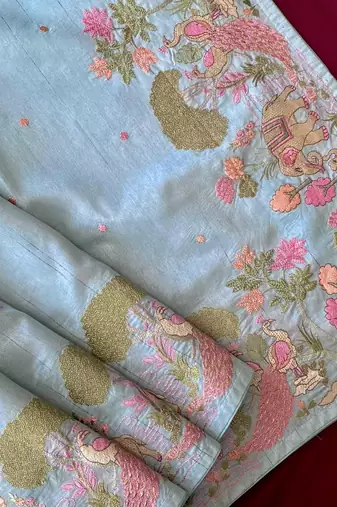 Sky loom tussar with all over forest style hand embroidery