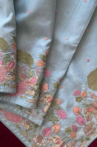 Sky loom tussar with all over forest style hand embroidery