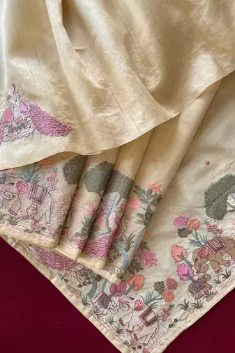 Yellow pure loom tussar with all over forest style hand embroidery