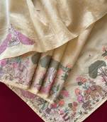 Yellow pure loom tussar with all over forest style hand embroidery