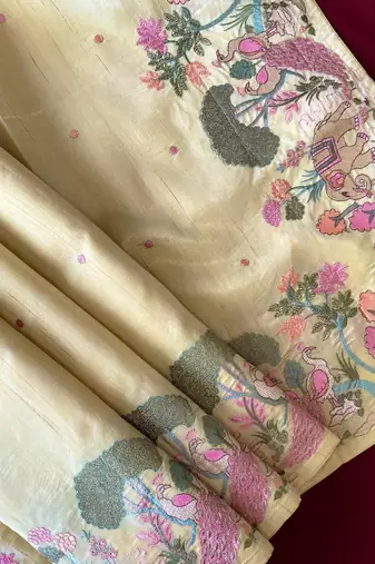 Yellow loom tussar with all over forest style hand embroidery
