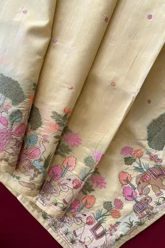 Yellow loom tussar with all over forest style hand embroidery