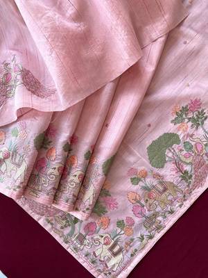 Pink loom tussar with all over forest style hand embroidery 1