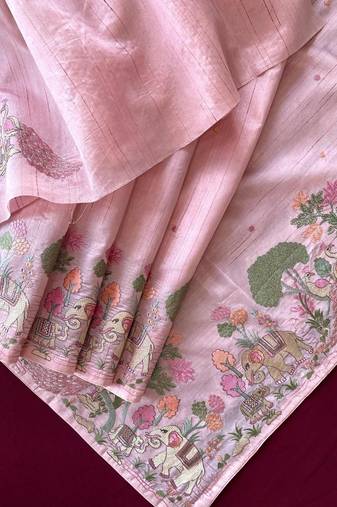 Pink pure loom tussar with all over forest style hand embroidery