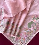 Pink pure loom tussar with all over forest style hand embroidery
