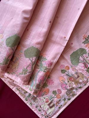 Pink loom tussar with all over forest style hand embroidery 2