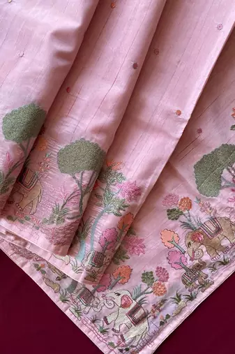 Pink loom tussar with all over forest style hand embroidery