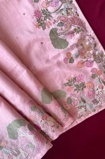 Pink loom tussar with all over forest style hand embroidery
