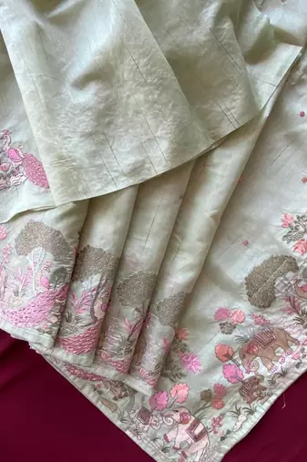 Pista pure loom tussar with all over forest style hand embroidery