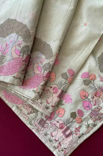 Pista loom tussar with all over forest style hand embroidery