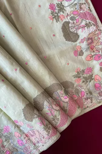 Pista loom tussar with all over forest style hand embroidery