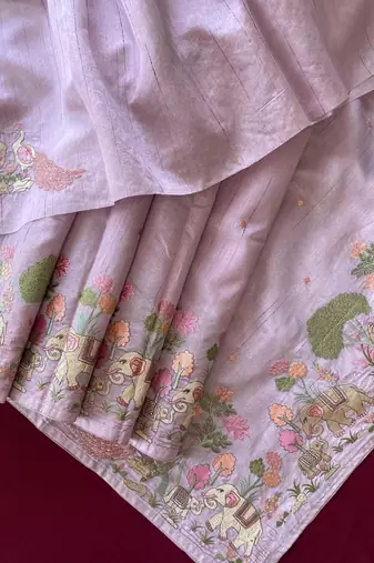 Lavender pure loom tussar with all over forest style hand embroidery