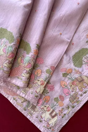 Lavender loom tussar with all over forest style hand embroidery