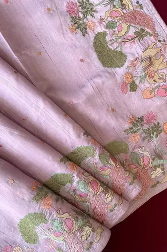 Lavender loom tussar with all over forest style hand embroidery