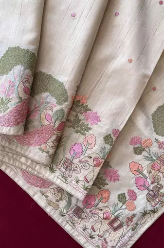 Beigeloom tussar with all over forest style hand embroidery