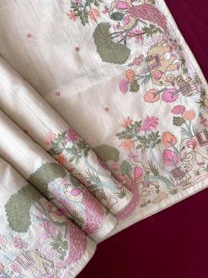 Beigeloom tussar with all over forest style hand embroidery 3