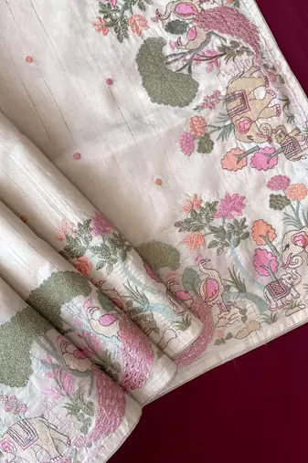 Beigeloom tussar with all over forest style hand embroidery