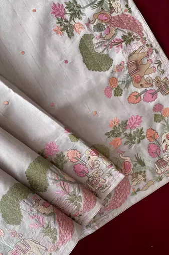 Grey loom tussar with all over forest style hand embroidery