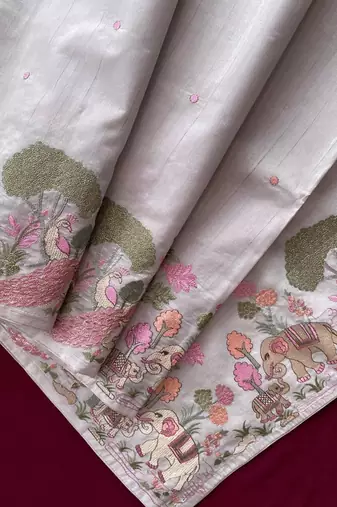 Grey loom tussar with all over forest style hand embroidery