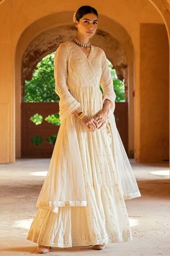 Elegant cream cotton angrakha anarkali with foil mirror embroidery dupatta
