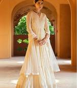 Elegant cream cotton angrakha anarkali with foil mirror embroidery dupatta