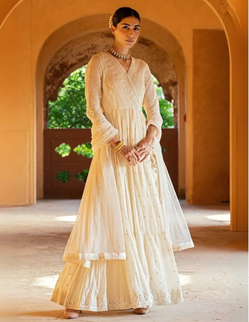 Elegant cream cotton angrakha anarkali with foil mirror embroidery dupatta