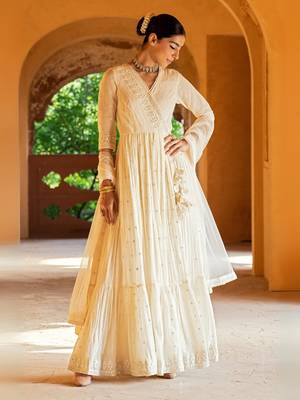 cream cotton angrakha anarkali with foil mirror embroidery dupatta 2