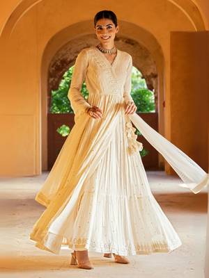 cream cotton angrakha anarkali with foil mirror embroidery dupatta 3