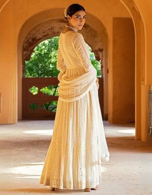 cream cotton angrakha anarkali with foil mirror embroidery dupatta 4